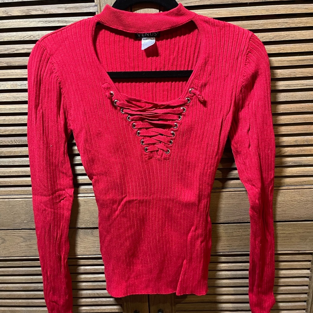 Venus Red Ribbed Blouse with Cut Out Design